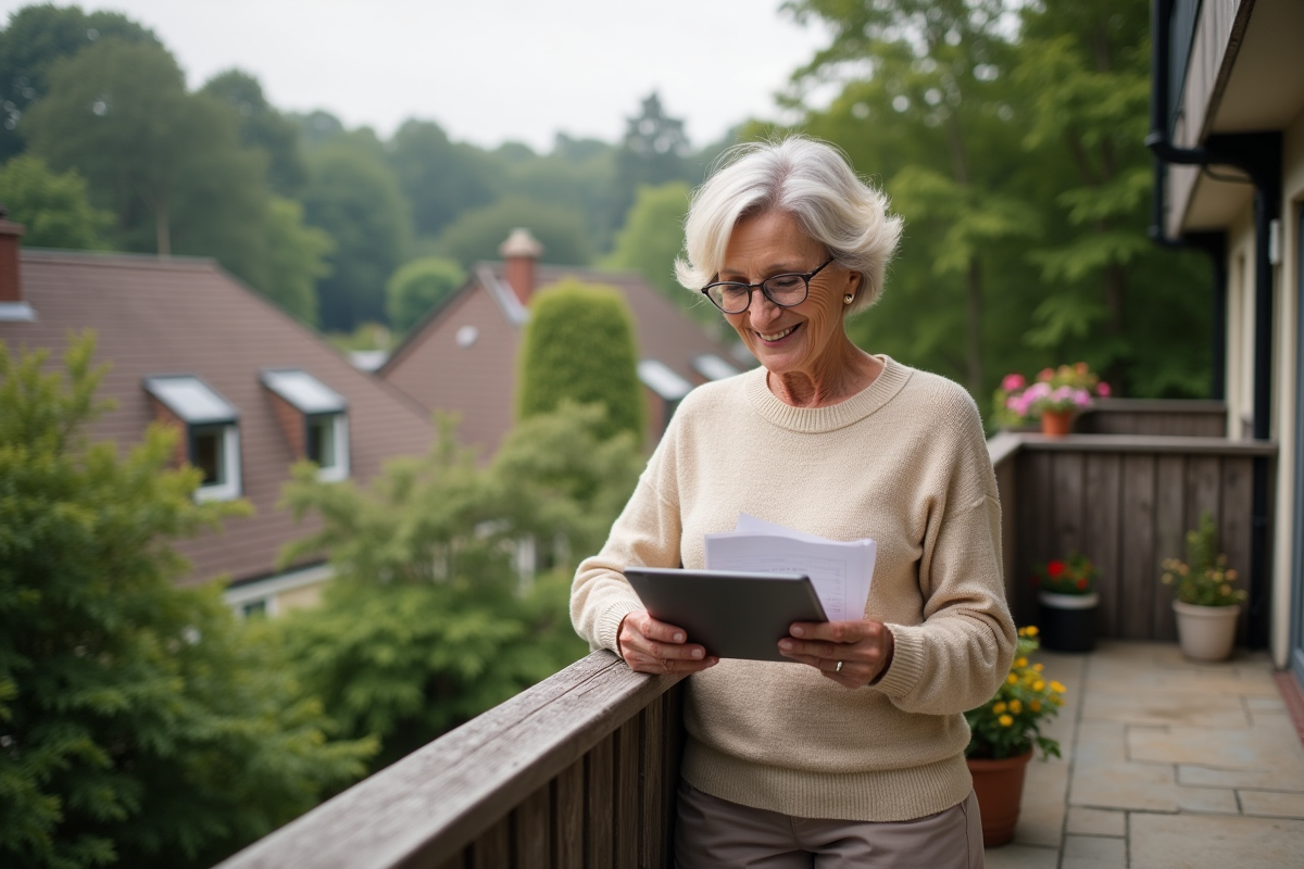 Femme âgée regardant des papiers sur un balcon en plein air