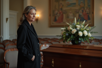 Femme belge en noir près d'un cercueil en bois poli