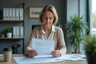 Femme d'âge moyen examinant des documents officiels au bureau