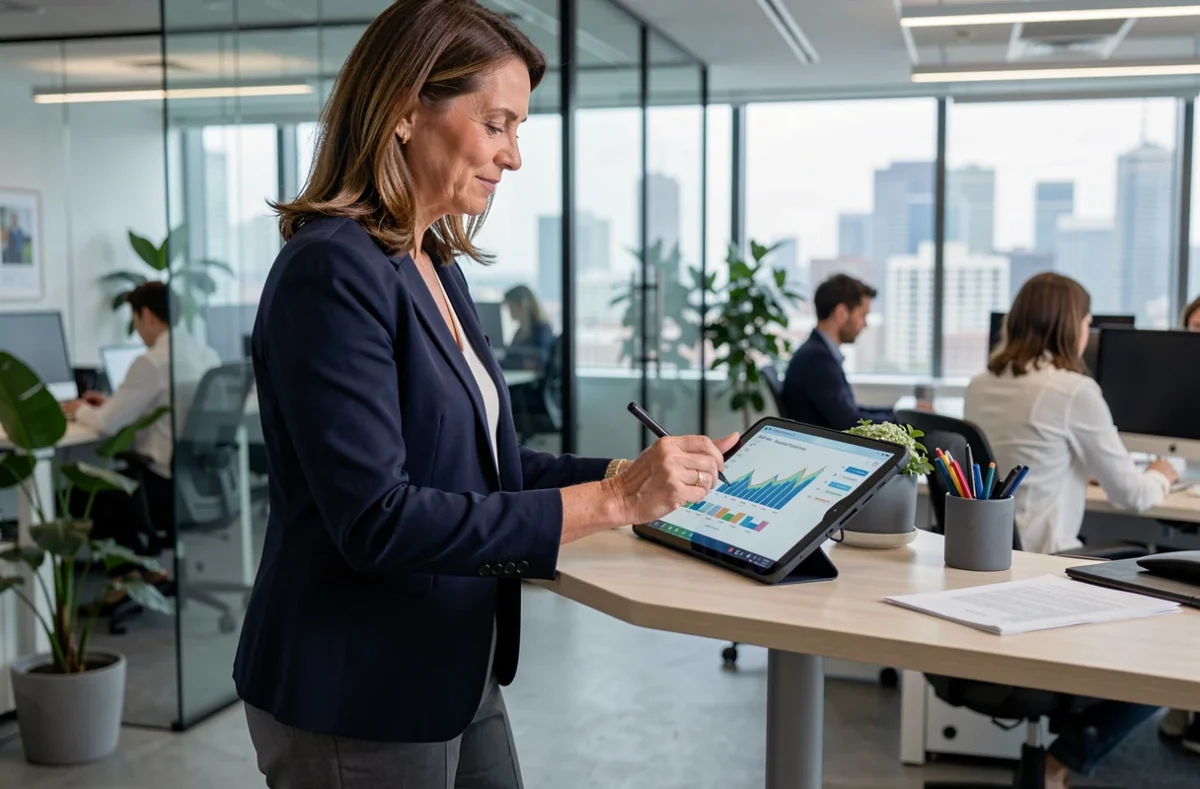 Femme cadre consultant des projections de retraite sur tablette dans un bureau moderne en open space