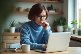 Femme d'âge moyen avec lunettes travaillant sur un ordinateur à la maison