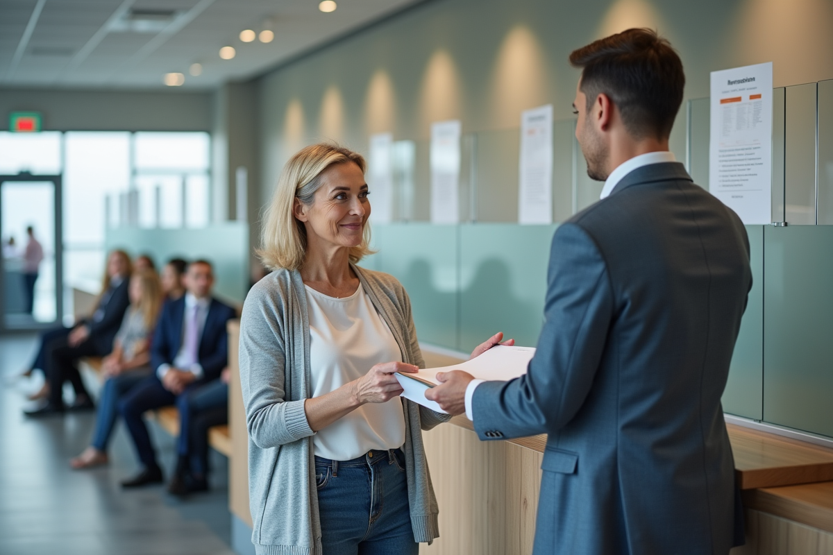 Femme âgée remettant des formulaires de retraite au guichet