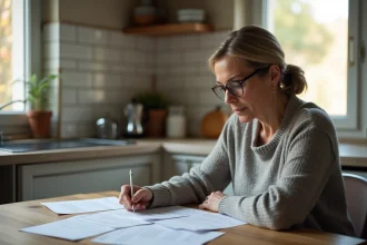 Femme lisant des documents officiels sur l'AAH et les pensions à une table de cuisine, préparant sa déclaration administrative 2026