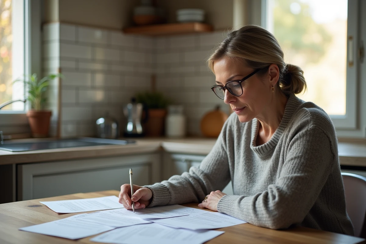 Femme lisant des documents officiels sur l'AAH et les pensions à une table de cuisine, préparant sa déclaration administrative 2026