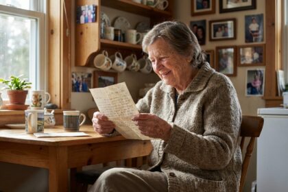 Femme âgée lisant une lettre dans une cuisine chaleureuse