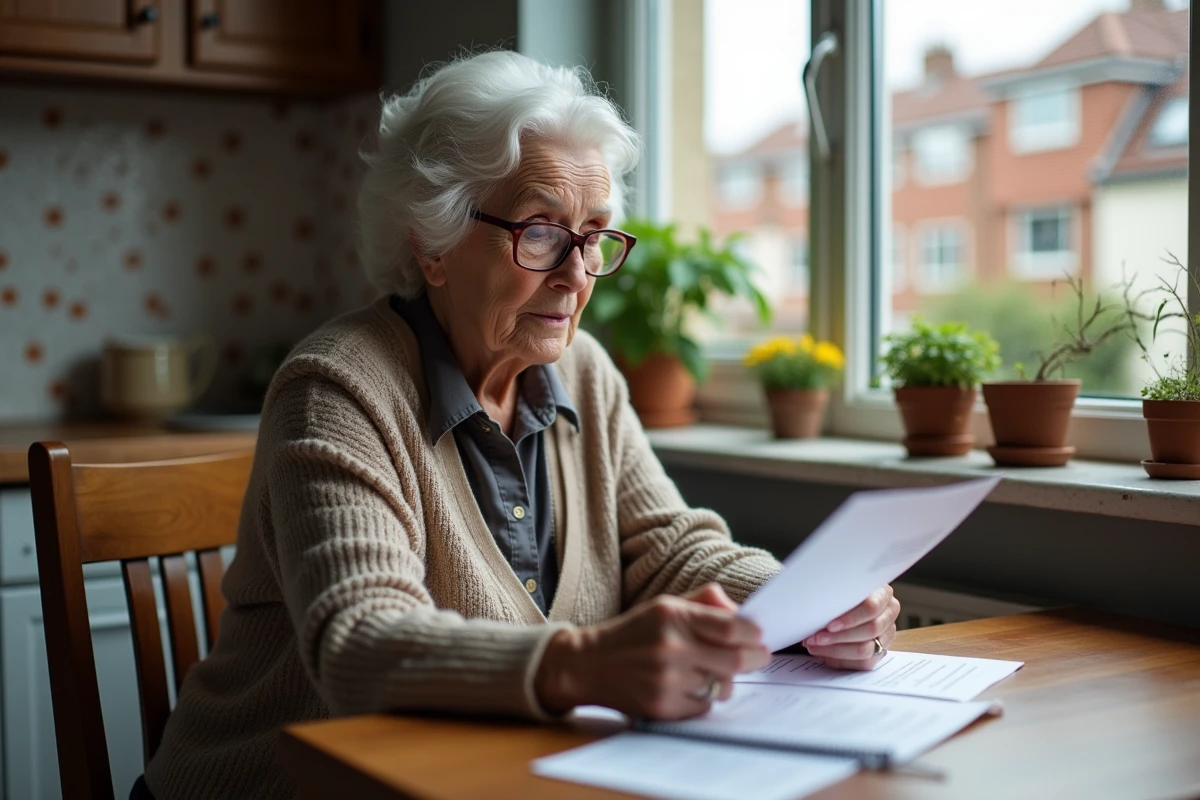 Femme âgée lisant des papiers dans la cuisine chaleureuse