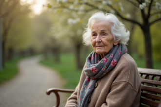 Femme âgée assise sur un banc dans un jardin printanier