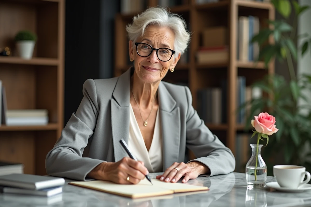 Femme élégante de 60 ans rédigeant un message d'anniversaire humoristique avec le sourire