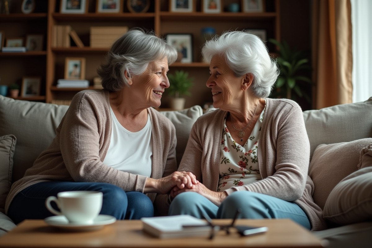 Femme d'âge moyen tenant la main de sa mère âgée dans un salon chaleureux