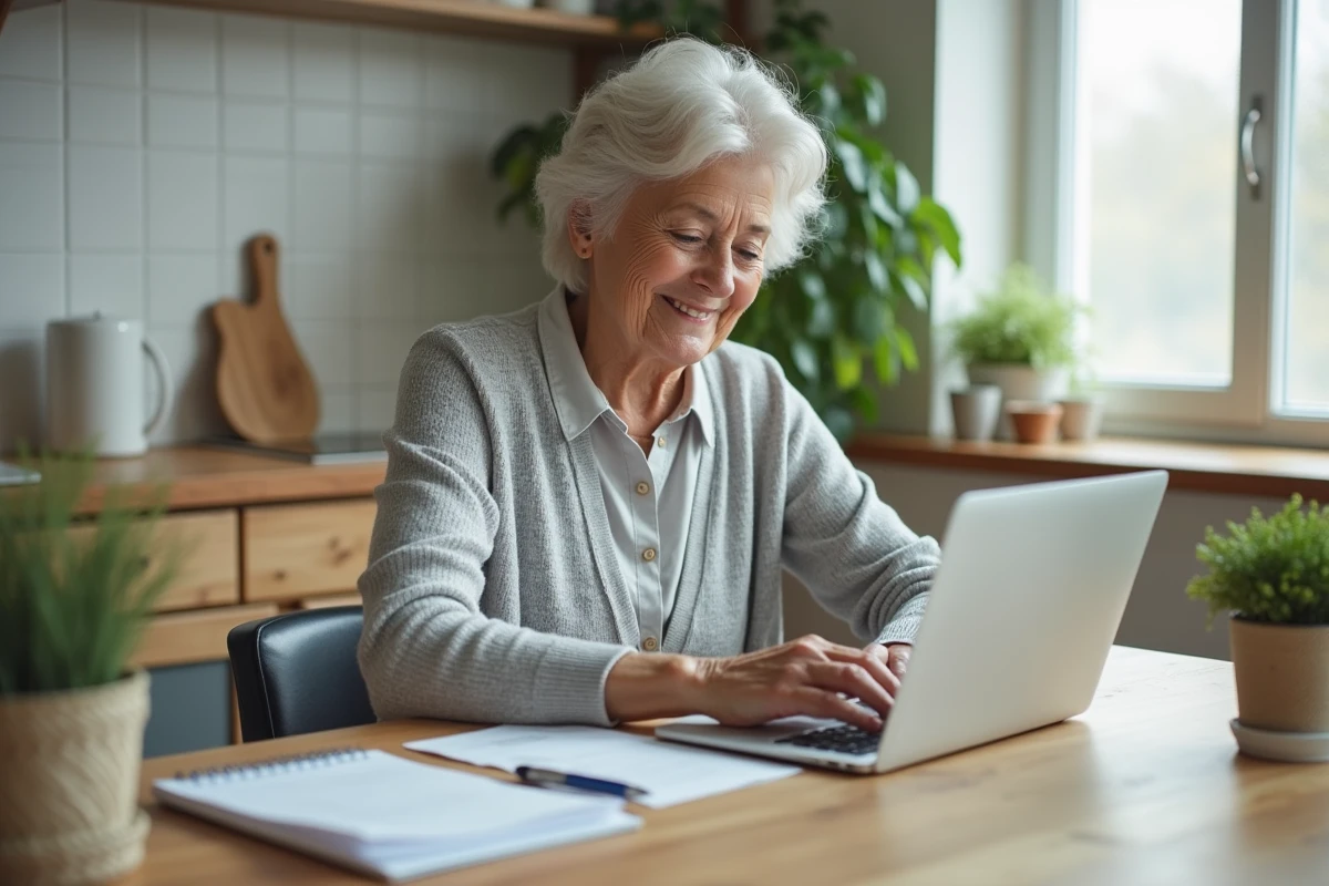 Femme à domicile finalisant sa lettre de préavis retraite sur ordinateur portable avec calendrier
