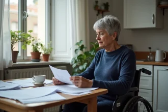 Femme en situation de handicap en fauteuil roulant examinant des documents administratifs liés à l'AAH dans son appartement