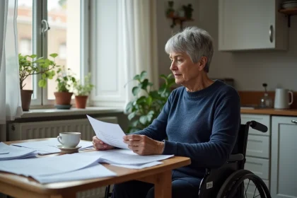 Femme en situation de handicap en fauteuil roulant examinant des documents administratifs liés à l'AAH dans son appartement
