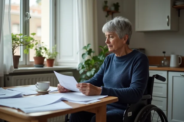 Femme en situation de handicap en fauteuil roulant examinant des documents administratifs liés à l'AAH dans son appartement