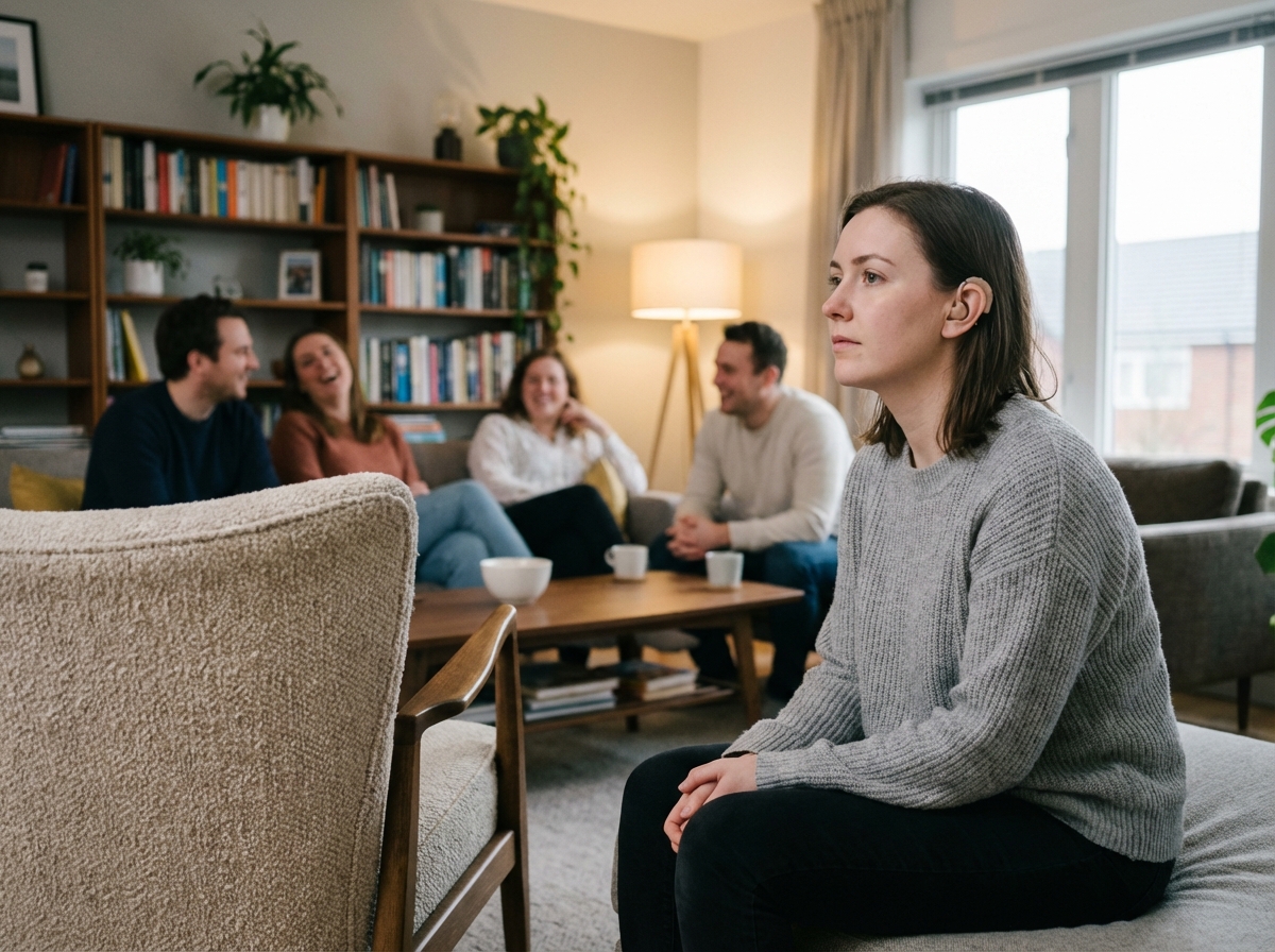 Jeune femme avec appareils auditifs isolée dans un salon chaleureux