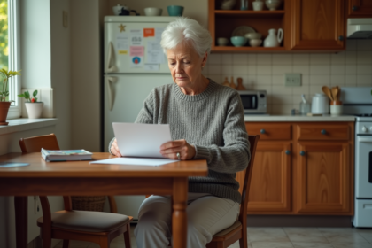 Femme d'un sixties lisant une lettre dans la cuisine