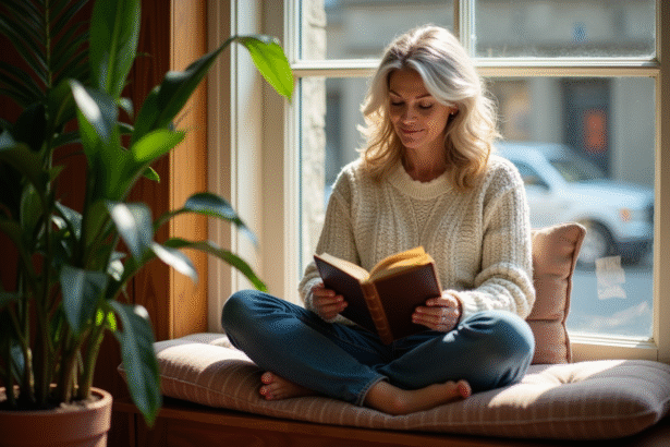 Femme lisant un roman dans un intérieur cosy et lumineux