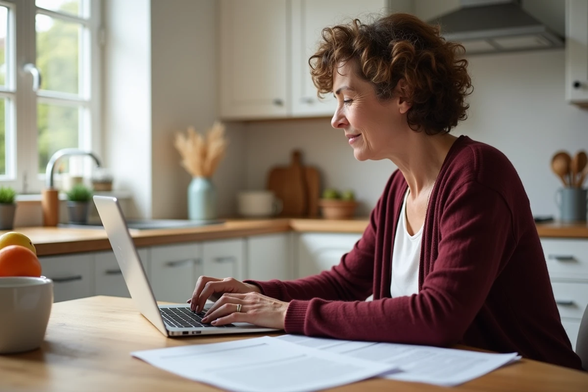 Femme de 60 ans utilisant un modèle de lettre de retraite sur ordinateur portable à la table de cuisine
