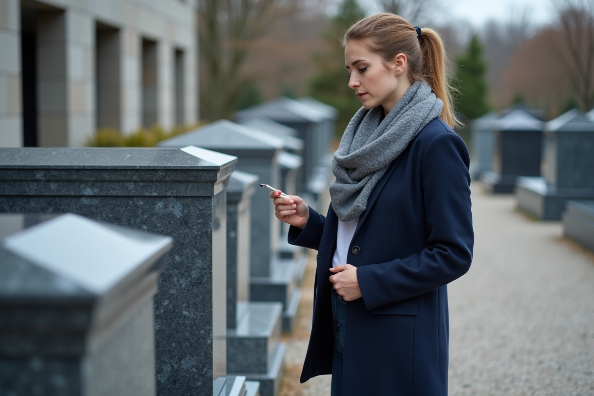 Jeune femme examine des pierres tombales dans un showroom
