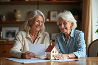 Femme d'âge moyen et sa mère regardant des documents immobiliers