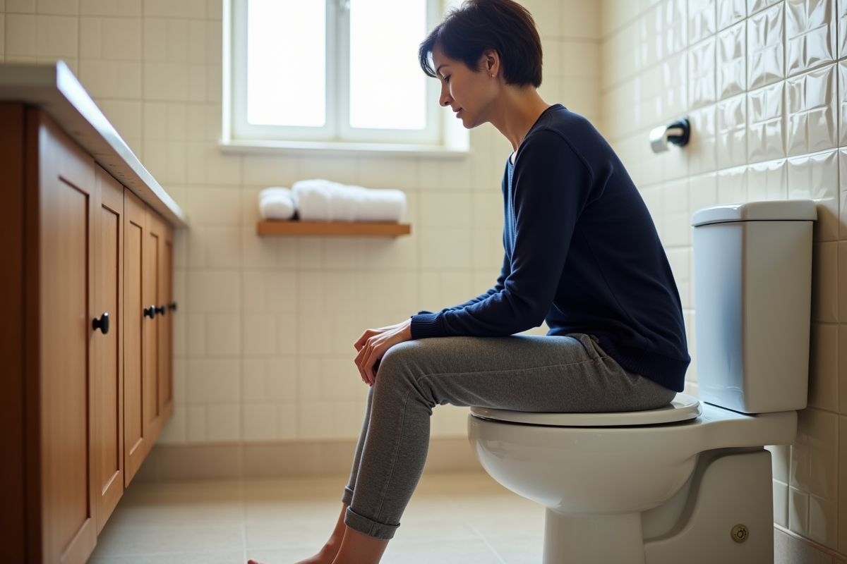 Femme moyenne assise confortablement sur un WC haut