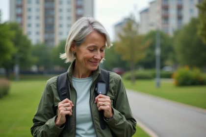 Femme ajustant un GPS sur son sac dans un parc