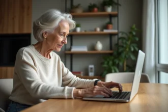 Femme d'environ 55 ans ajuste ses paramètres de confidentialité sur son ordinateur
