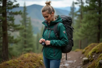 Femme en randonnée ajustant un GPS en forêt