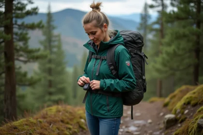 Femme en randonnée ajustant un GPS en forêt