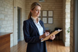 Femme en blazer bleu dans la reception de Maison Zélia