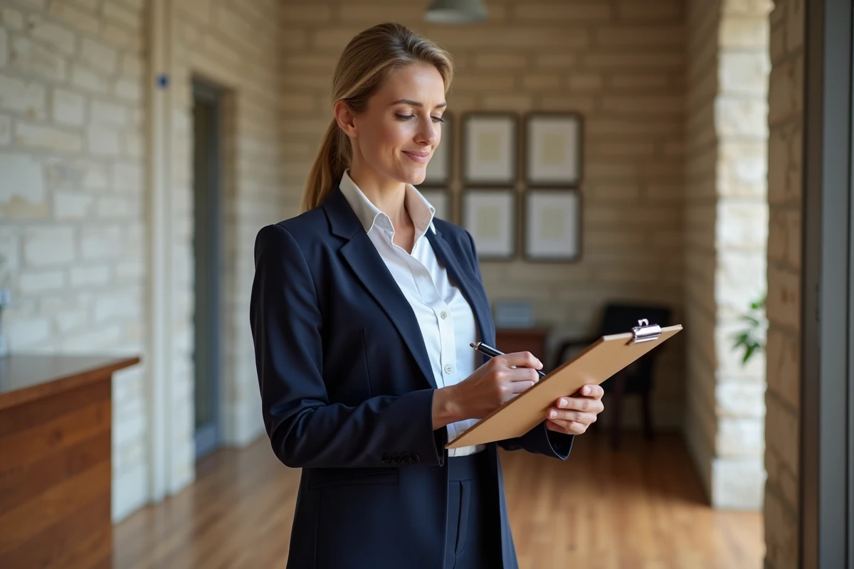 Femme en blazer bleu dans la reception de Maison Zélia