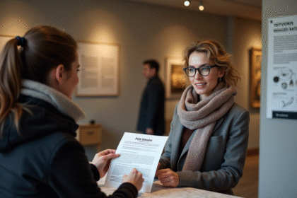 Femme remettant un document Pôle emploi à la réception du musée