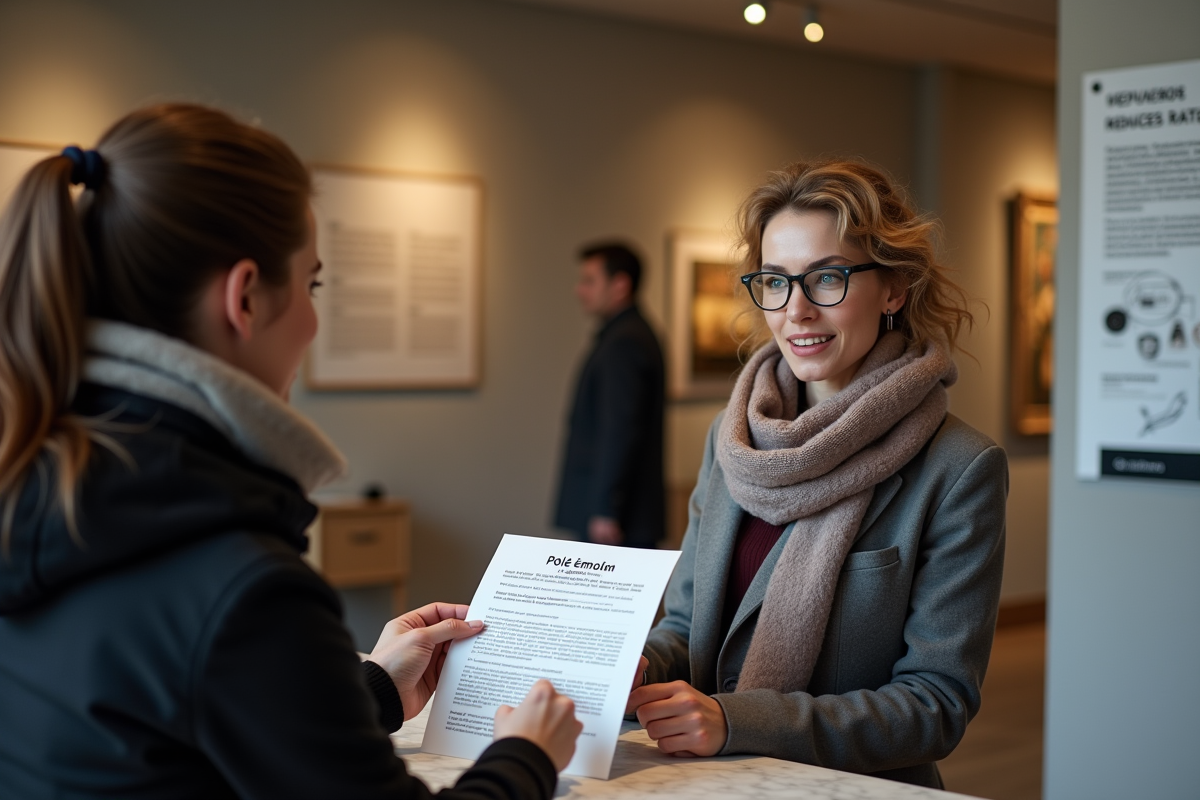 Femme remettant un document Pôle emploi à la réception du musée