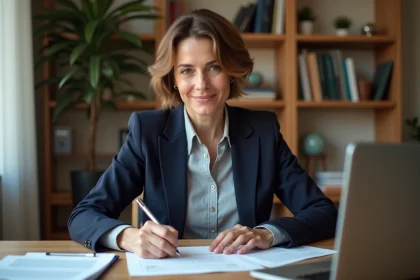 Femme professionnelle rédigeant une lettre de motivation pour un poste à temps partiel en maison de retraite, assise à son bureau à domicile