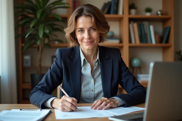 Femme professionnelle rédigeant une lettre de motivation pour un poste à temps partiel en maison de retraite, assise à son bureau à domicile