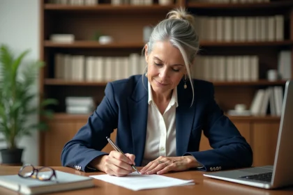Femme de 58 ans rédigeant une lettre de départ à la retraite à son bureau à domicile avec un stylo plume