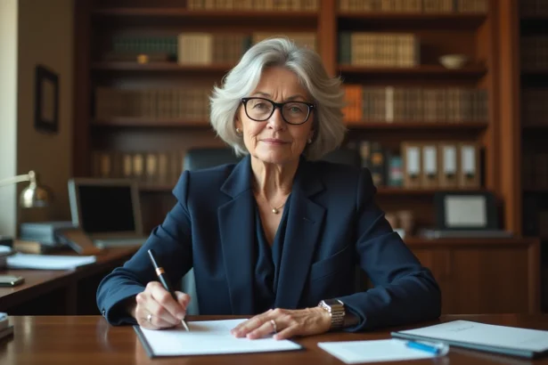 Femme cadre en fin de carrière rédigeant sa lettre de départ à la retraite à son bureau