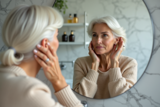 Femme dans sa quarantaine se regardant dans le miroir