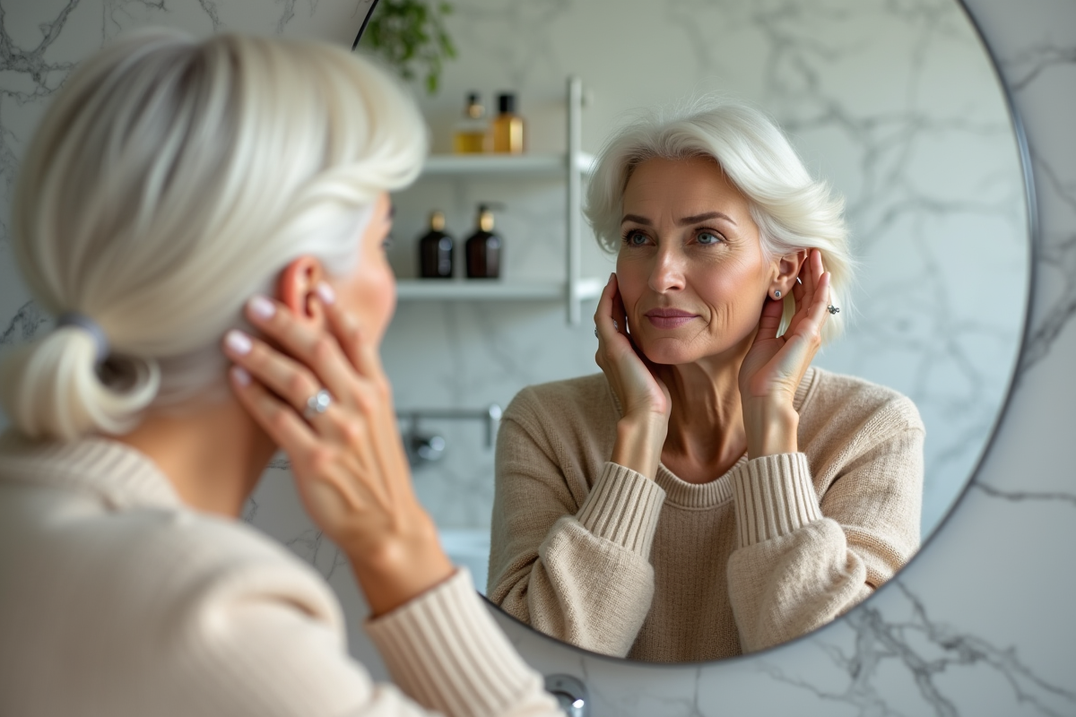 Femme dans sa quarantaine se regardant dans le miroir