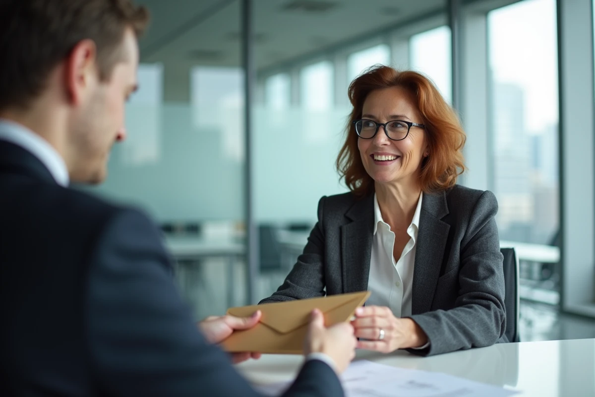 Une femme de 60 ans en blazer remet officiellement une enveloppe à une collègue RH dans un bureau d'entreprise moderne