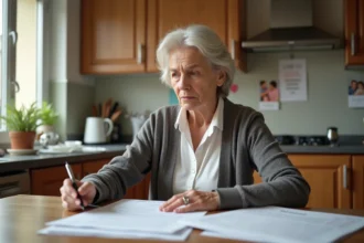 Femme française concentrée avec documents de retraite