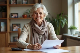 Femme retraitée examine ses papiers de pension à la maison