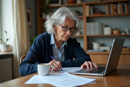 Femme retraitée consultant un simulateur de pension Agirc-Arrco sur son ordinateur portable à la maison