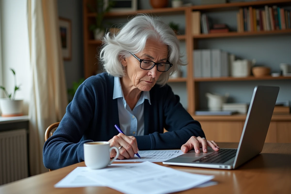 Femme retraitée consultant un simulateur de pension Agirc-Arrco sur son ordinateur portable à la maison