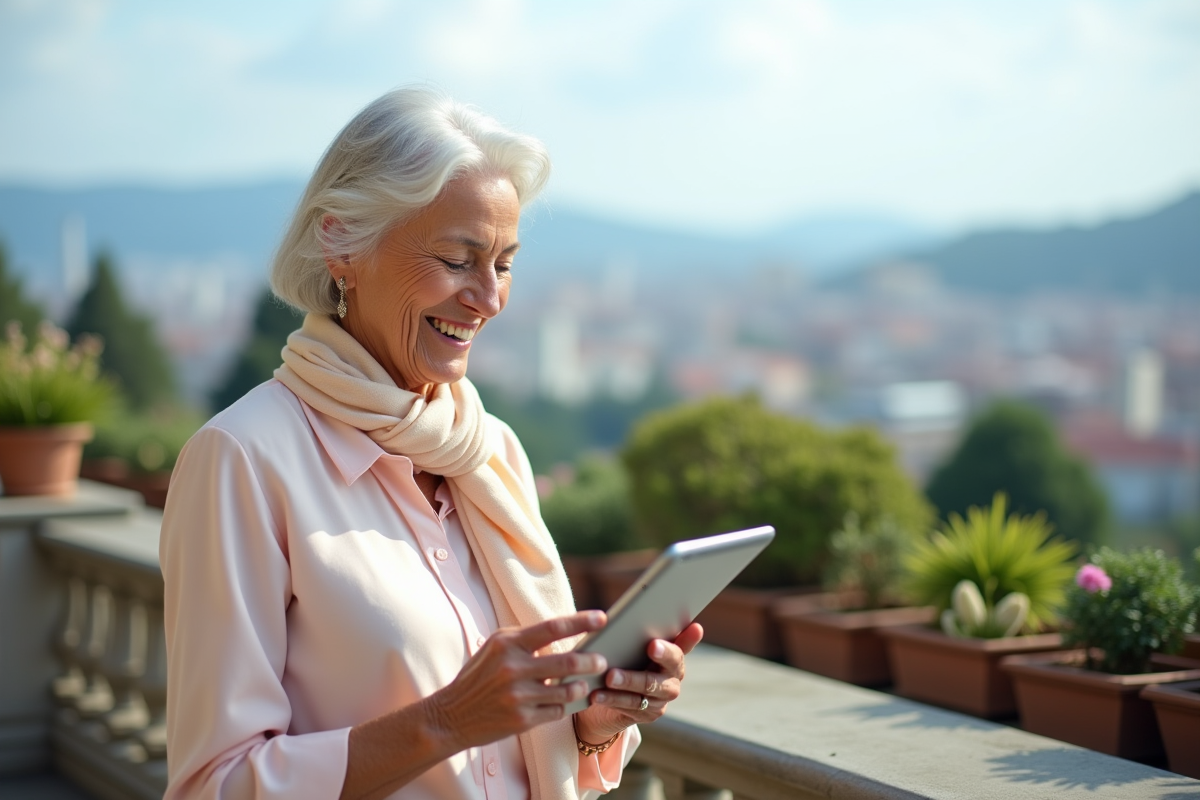 Femme retraitée souriante sur une terrasse urbaine
