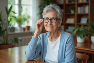 Femme senior ajustant une aide auditive dans un salon lumineux