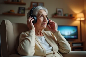 Femme senior portant un casque TV sans fil dans son salon confortable, illustrant l'utilisation d'un casque audio pour seniors