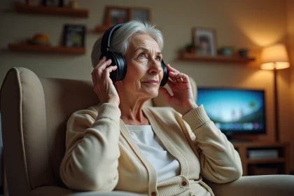 Femme senior portant un casque TV sans fil dans son salon confortable, illustrant l'utilisation d'un casque audio pour seniors