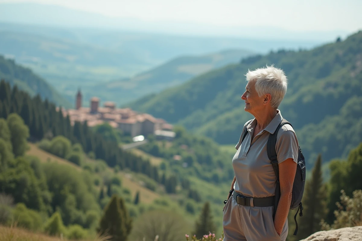 Femme senior célibataire admirant un panorama de vallée verdoyante et village médiéval lors d'une randonnée culturelle