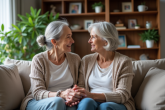 Femme senior et sa fille main dans la main dans un salon