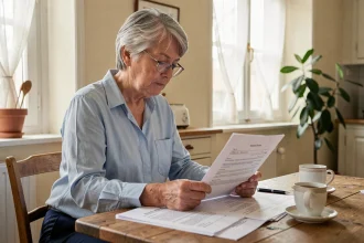 Femme senior consultant des documents administratifs pour le remboursement d'une chaise de douche pour handicap